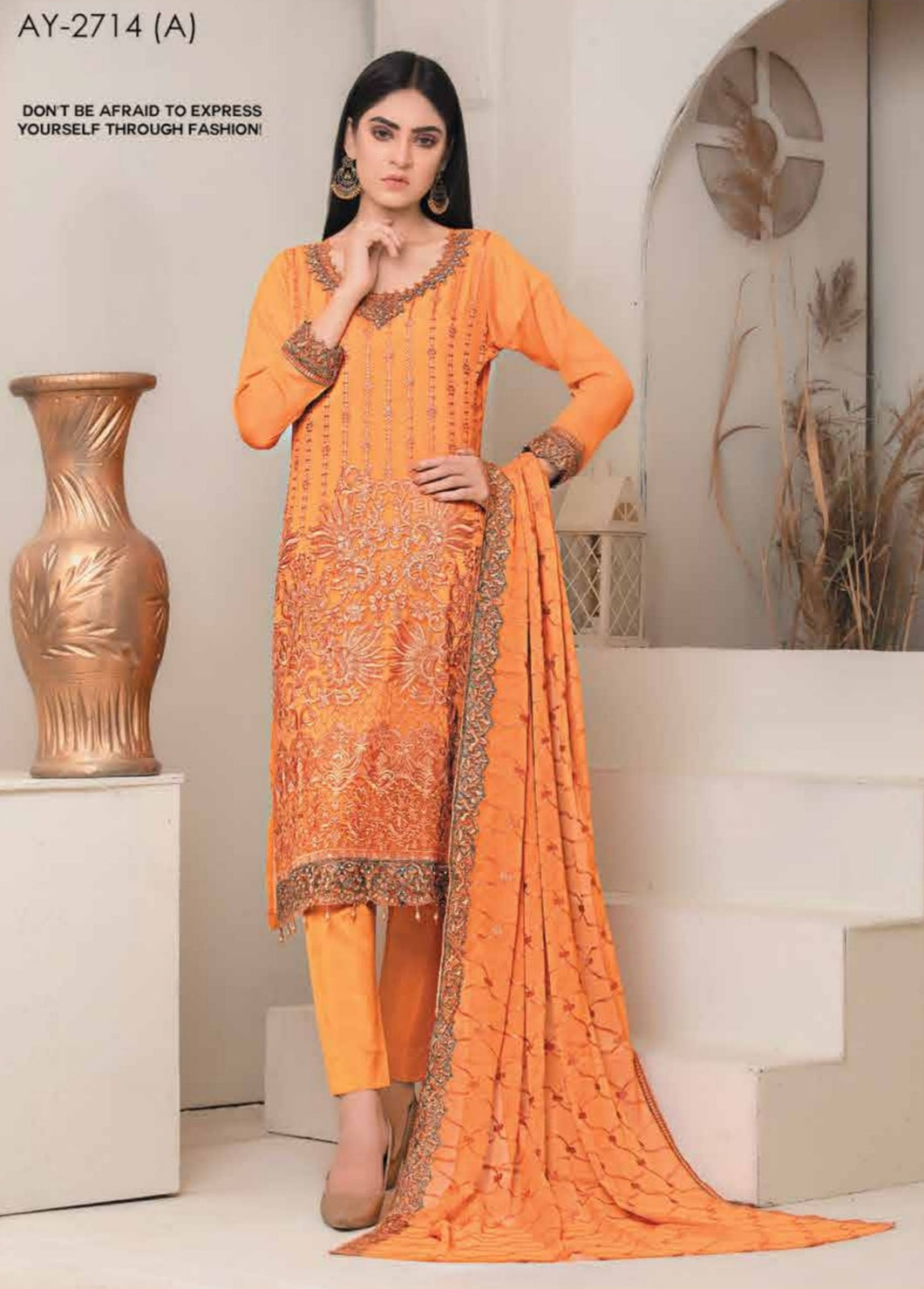 Bin Hameed 3pc Unstitched Heavy Embroidered Fancy Chiffon Dress AY-2714(A)