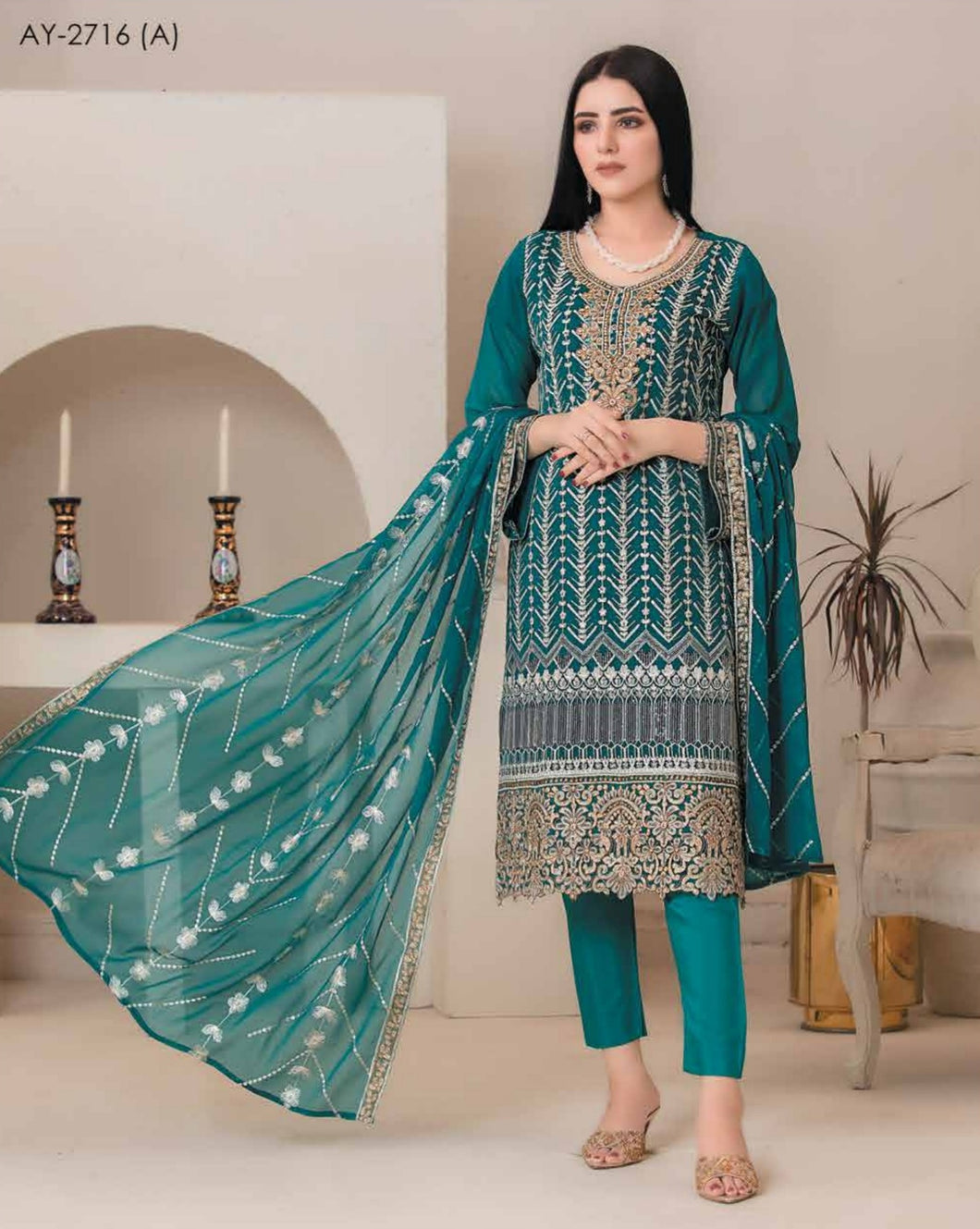 Bin Hameed 3pc Unstitched Heavy Embroidered Fancy Chiffon Dress AY-2716(A)