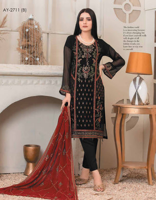 Bin Hameed 3pc Unstitched Heavy Embroidered Fancy Chiffon Dress AY-2711(B)