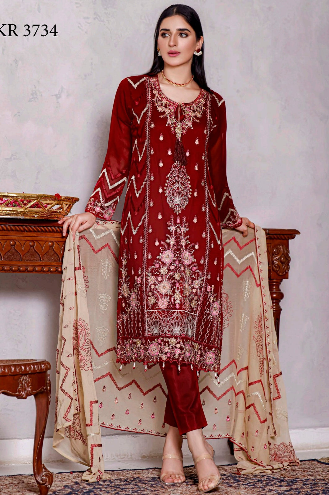 Bin Hameed Khoubsurat 3pc Unstitched Heavy Embroidered Fancy Chiffon Dress EKR-3734