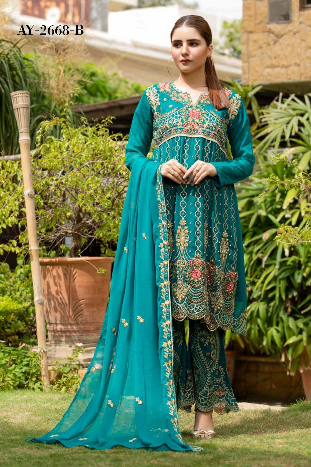 Bin Hameed Tehzeeb 3pc Unstitched Heavy Embroidered Fancy Chiffon Dress AY-2668(B)