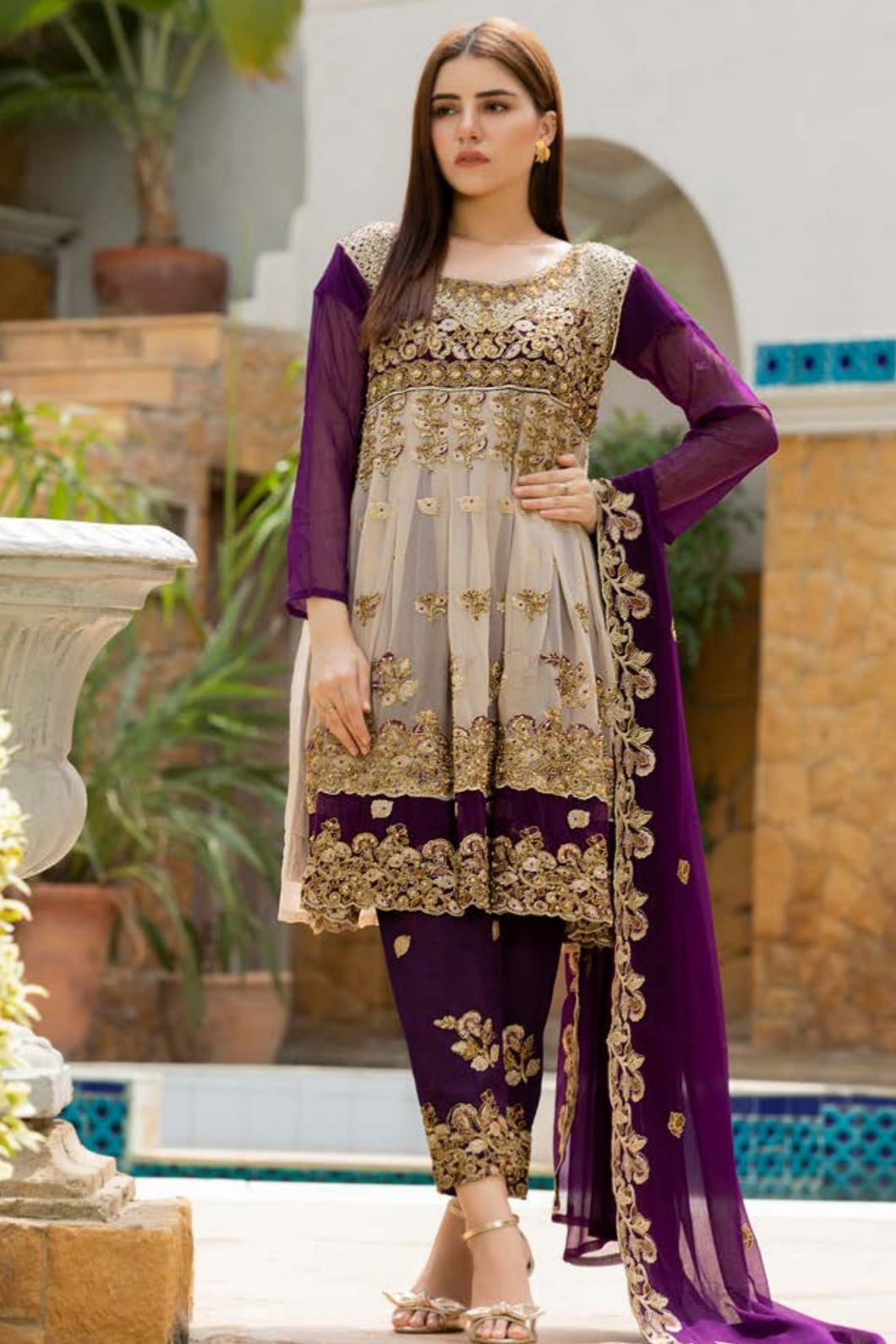 Bin Hameed Tehzeeb 3pc Unstitched Heavy Embroidered Fancy Chiffon Dress AY-2650(B)