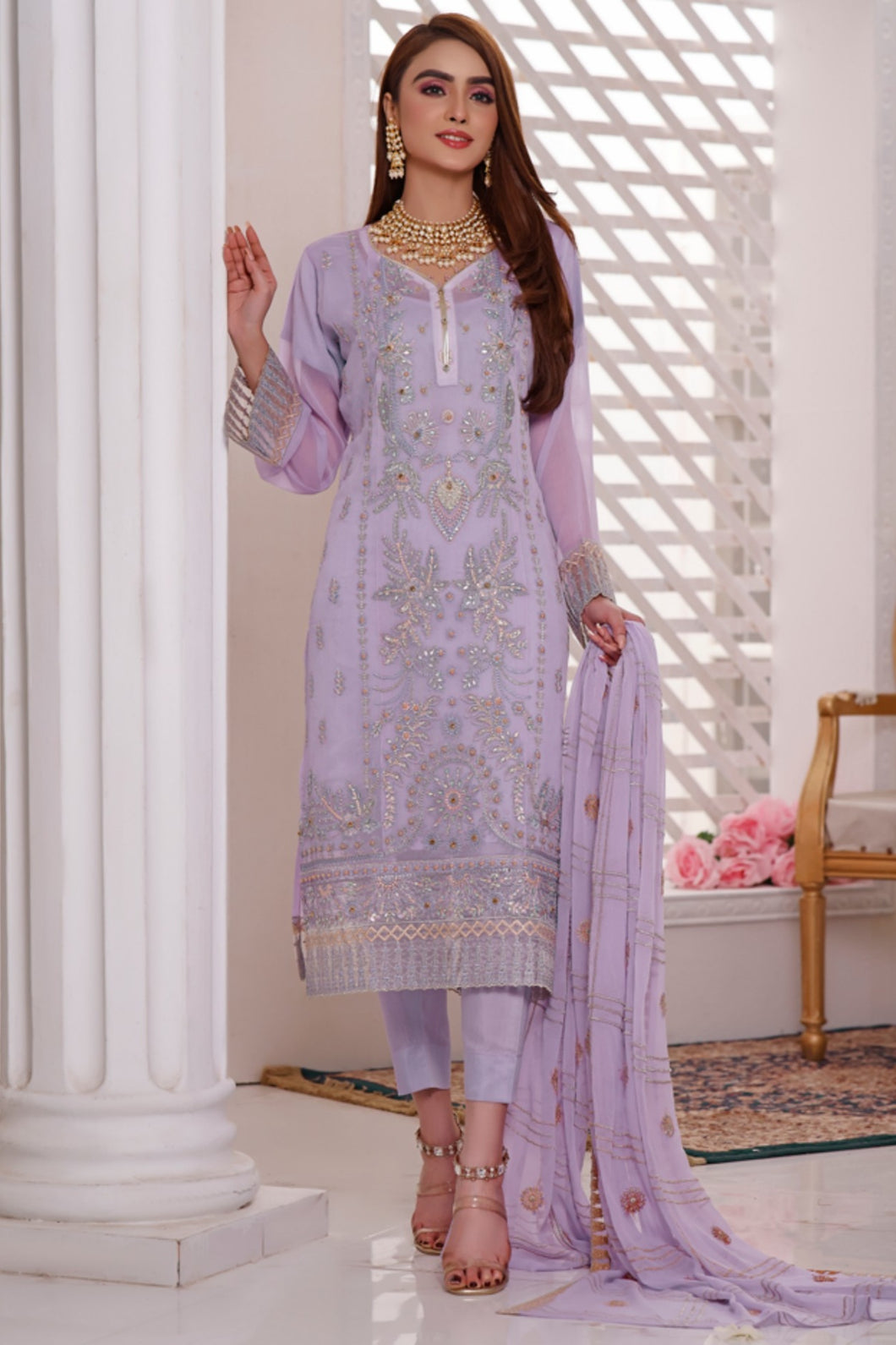 Bin Hameed Dastan 3pc Unstitched Heavy Embroidered Fancy Chiffon Dress AY-3725(A)