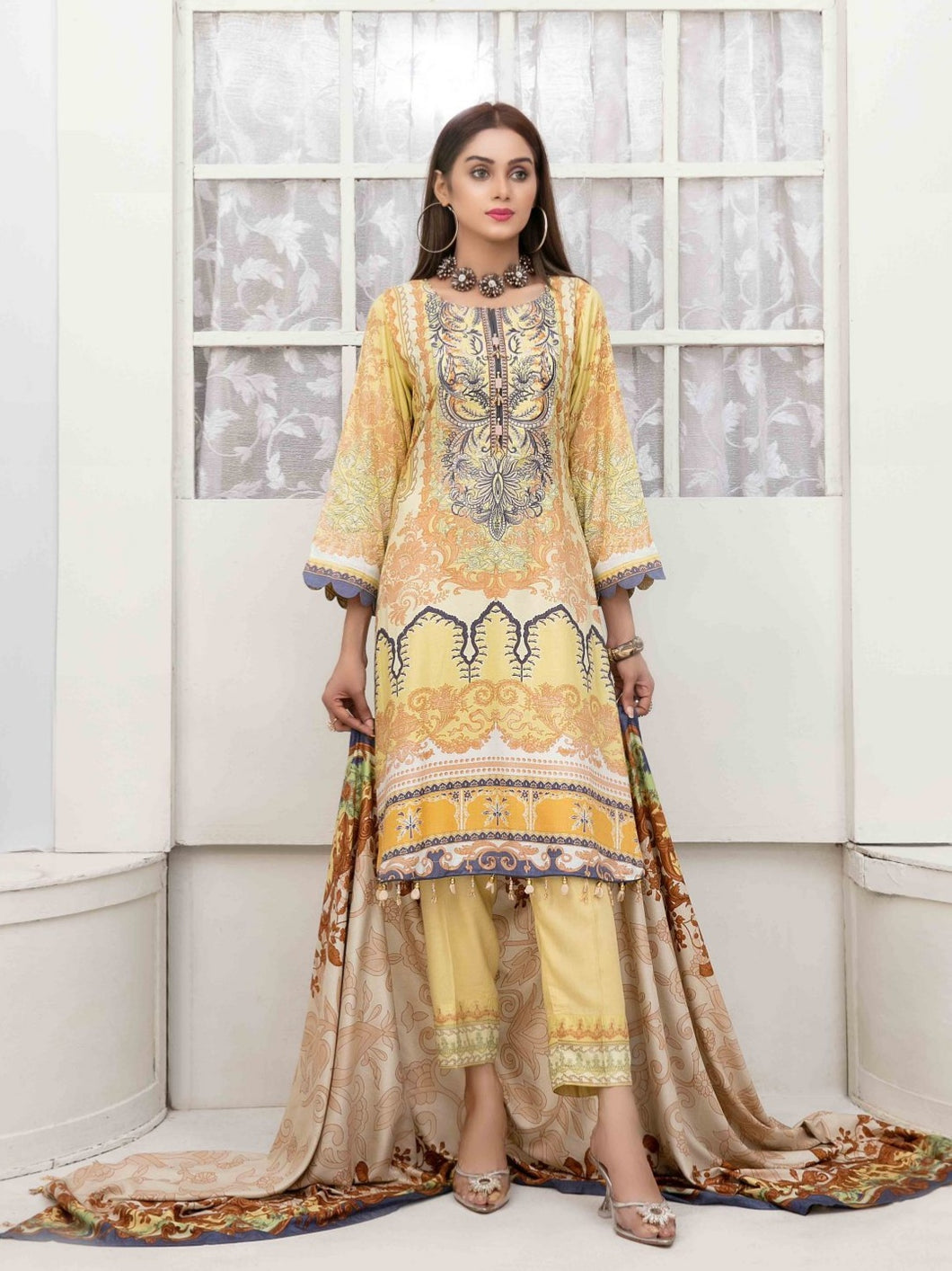 DILARA 3pc Unstitched Embroidered Digital Printed Linen Suiting D-1991