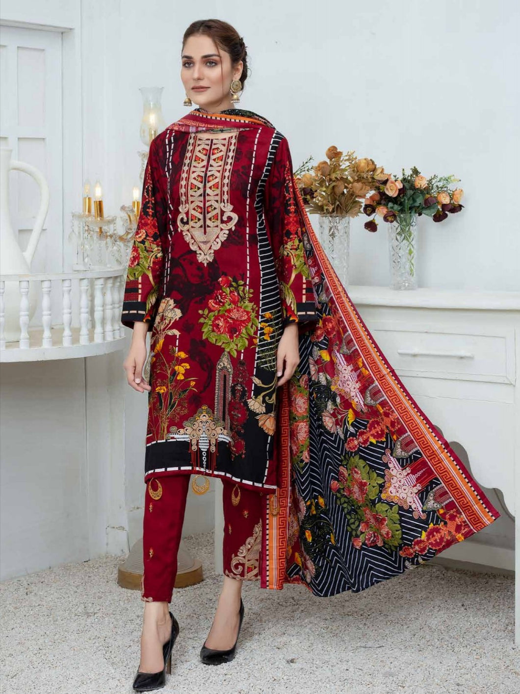 TANIA 3pc Unstitched Embroidered Printed Linen Suiting D-09