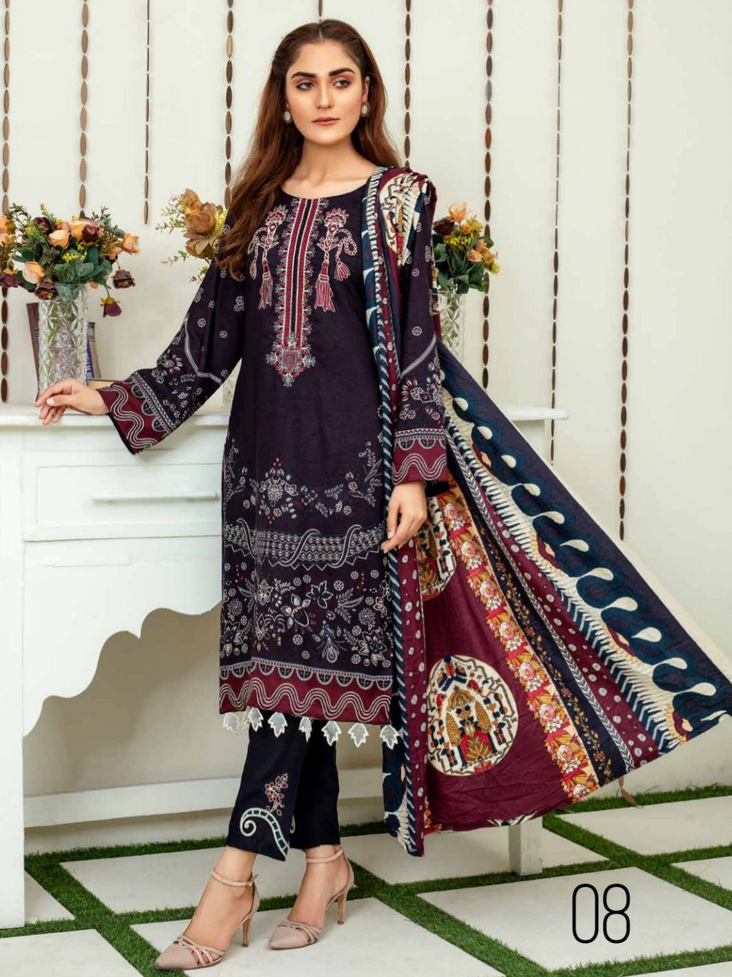 TANIA 3pc Unstitched Embroidered Printed Linen Suiting D-08