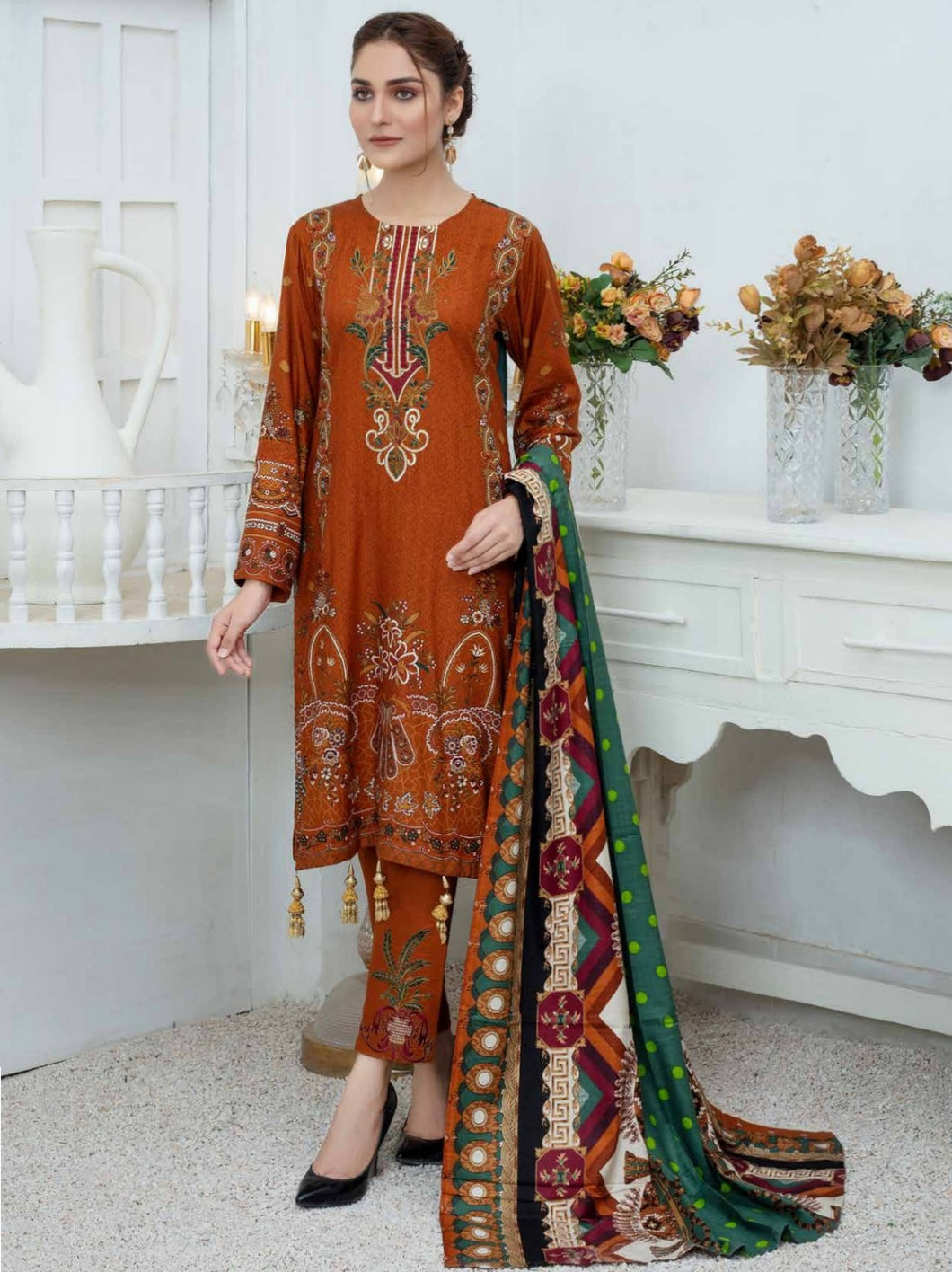 TANIA 3pc Unstitched Embroidered Printed Linen Suiting D-07