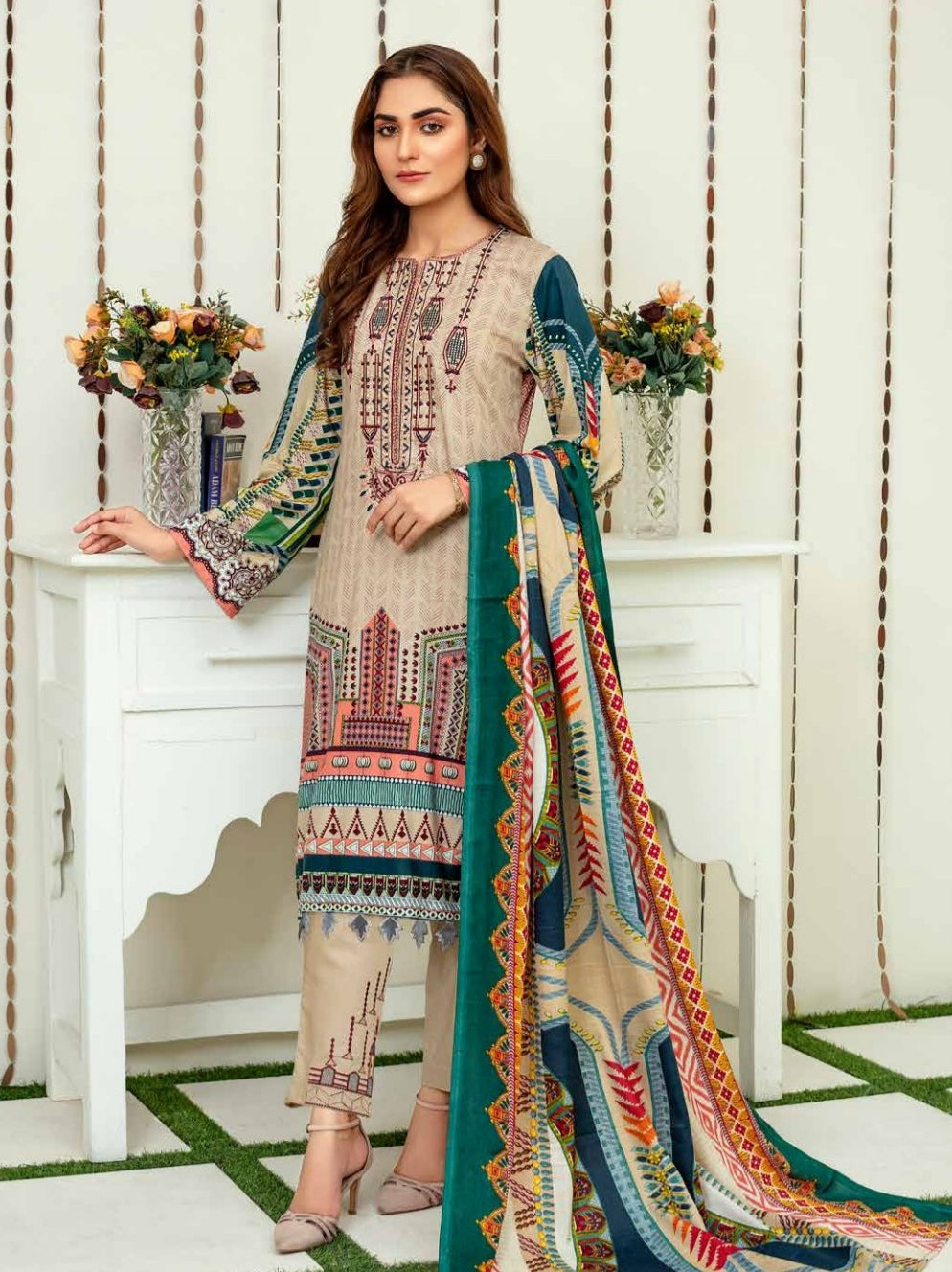 TANIA 3pc Unstitched Embroidered Printed Linen Suiting D-06