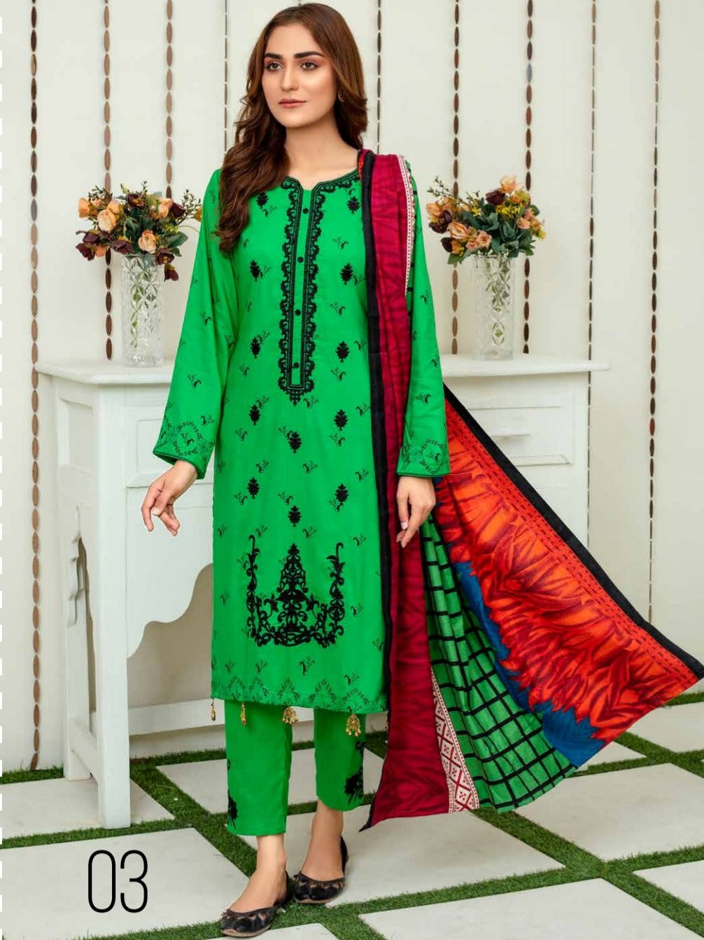 TANIA 3pc Unstitched Embroidered Printed Linen Suiting D-03