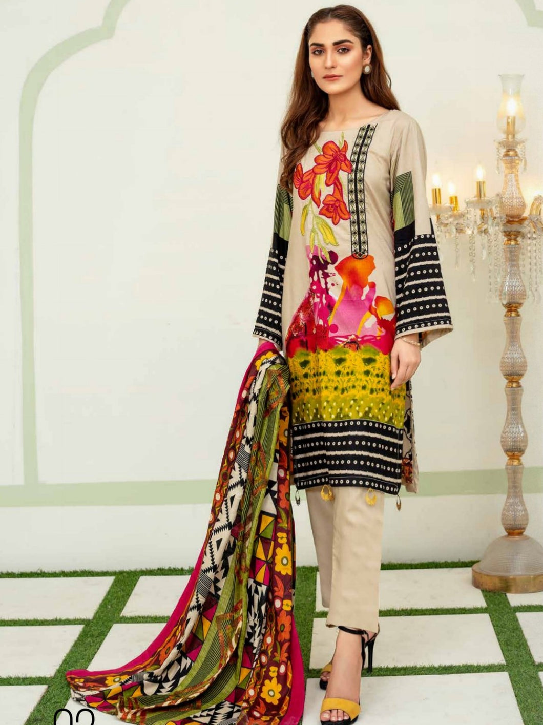TANIA 3pc Unstitched Embroidered Printed Linen Suiting D-02