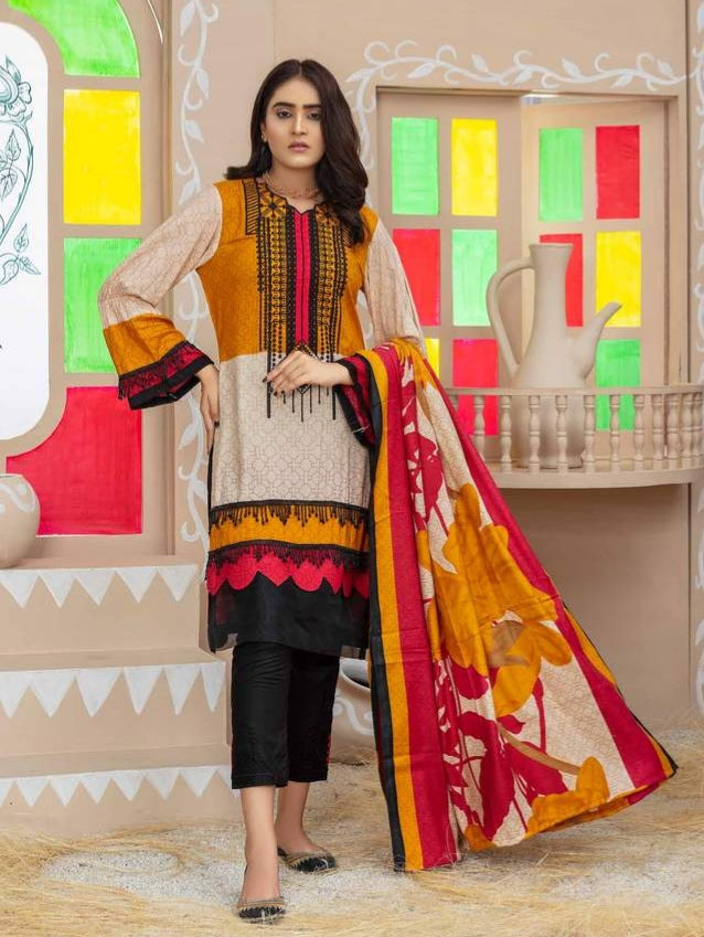 SOFIA 3pc Unstitched Embroidered Printed Linen Suiting S-05