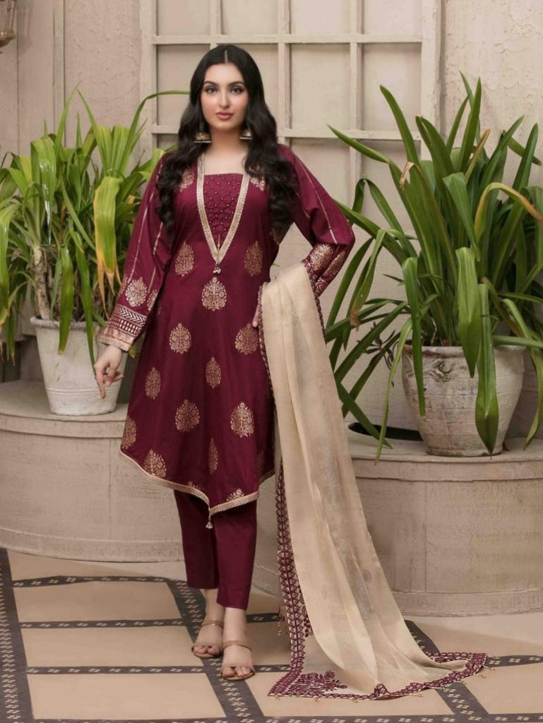 Pearla 3pc Unstitched Viscose Pearl Gold Table Printed Winter Suiting D5964