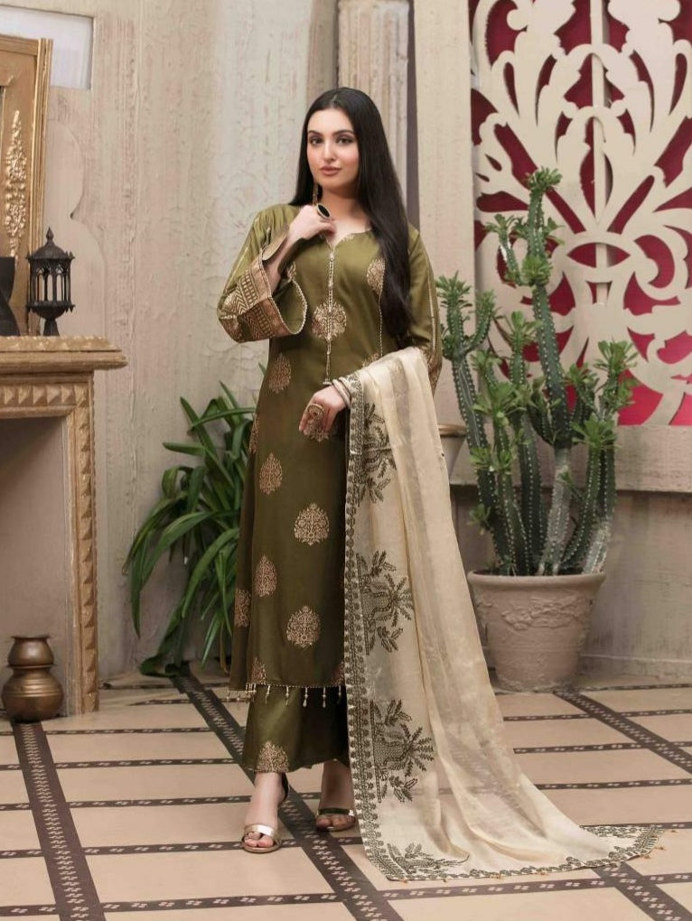 Pearla 3pc Unstitched Viscose Pearl Gold Table Printed Winter Suiting D5963