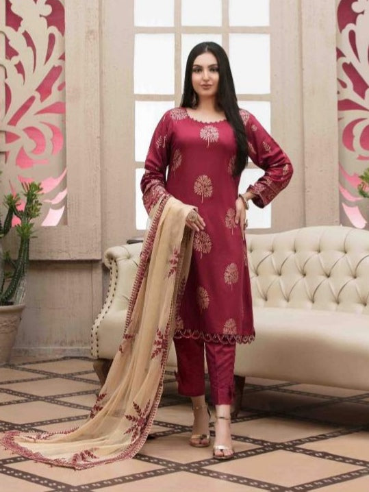 Pearla 3pc Unstitched Viscose Pearl Gold Table Printed Winter Suiting D5961
