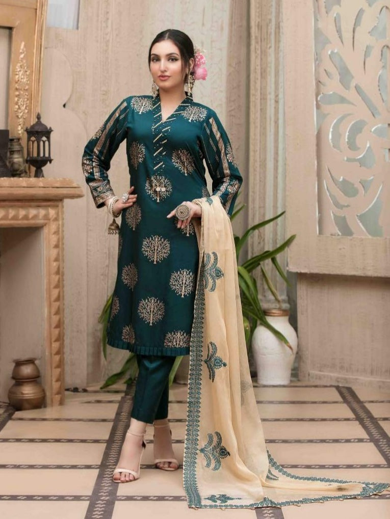 Pearla 3pc Unstitched Viscose Pearl Gold Table Printed Winter Suiting D5957