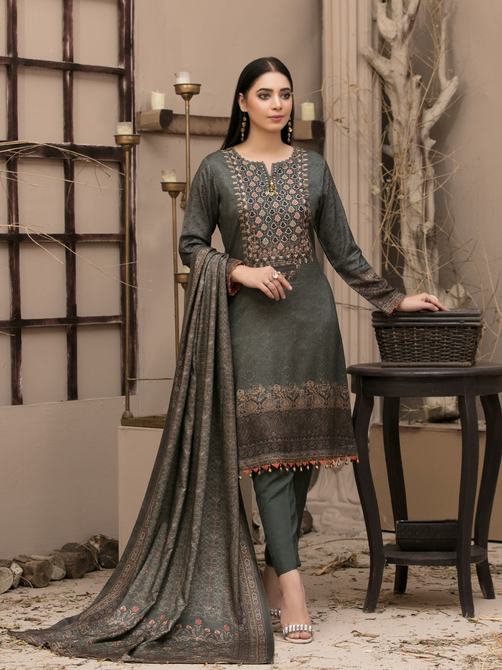 KASHISH 3pc Unstitched Embroidered Printed Twill Linen Suiting D-6078