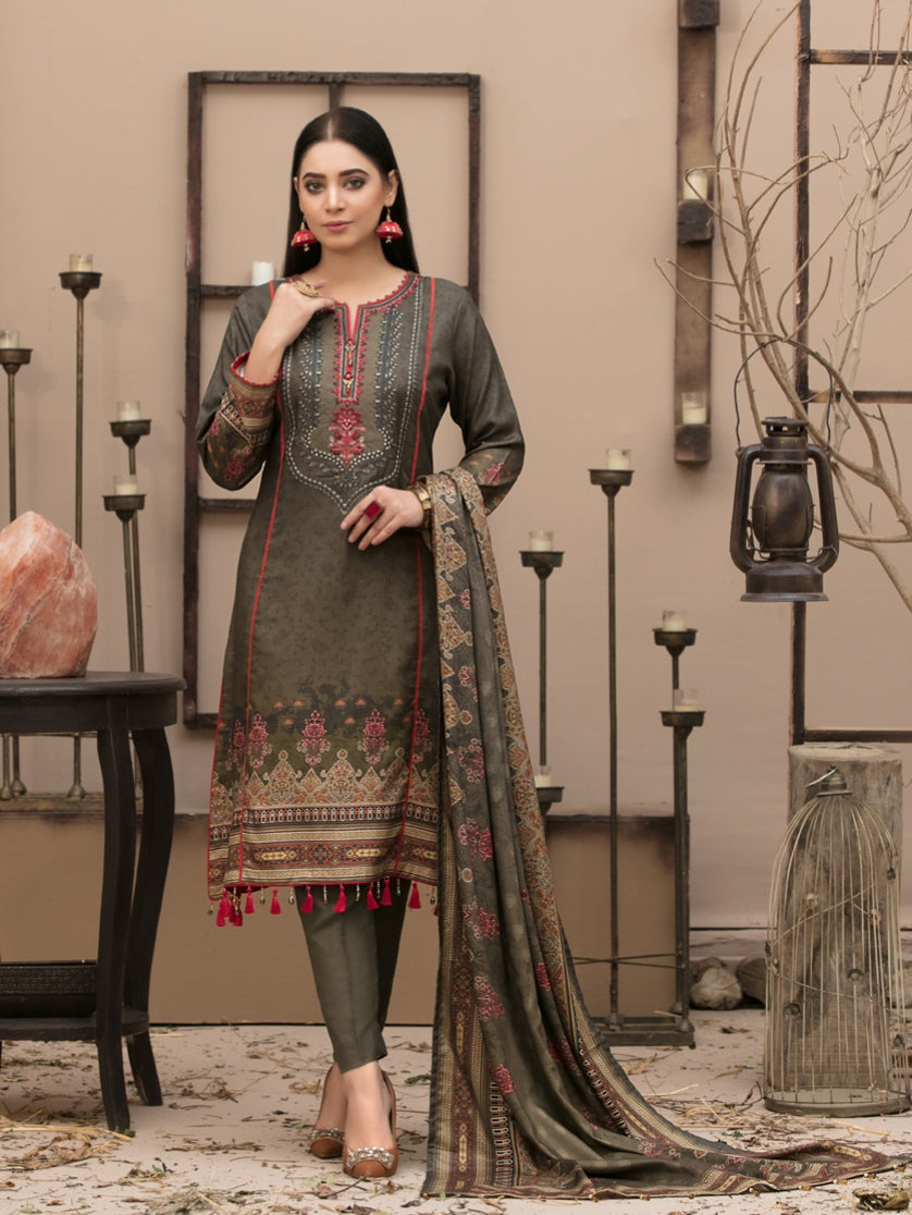 KASHISH 3pc Unstitched Embroidered Printed Twill Linen Suiting D-6083