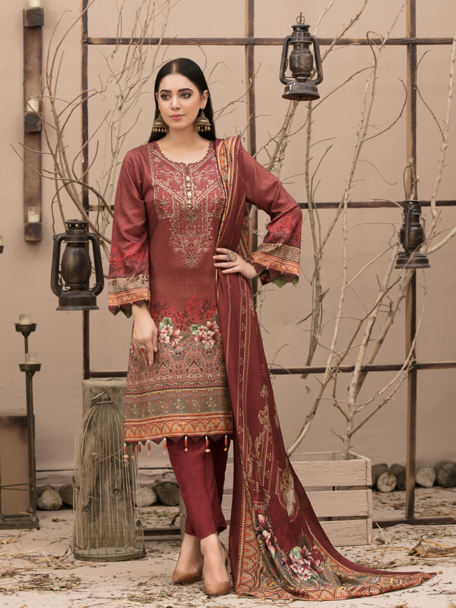 KASHISH 3pc Unstitched Embroidered Printed Twill Linen Suiting D-6086