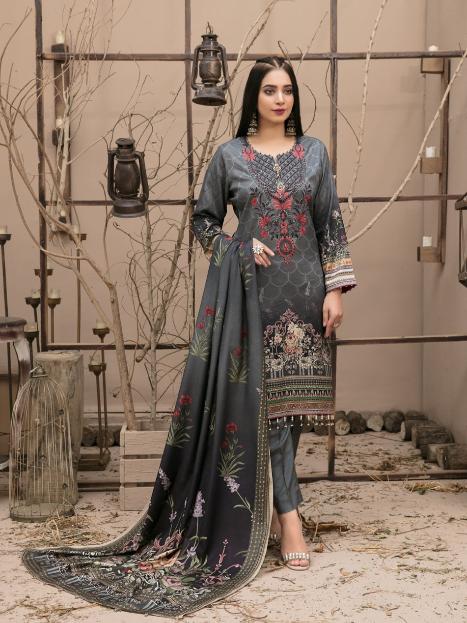 KASHISH 3pc Unstitched Embroidered Printed Twill Linen Suiting D-6077