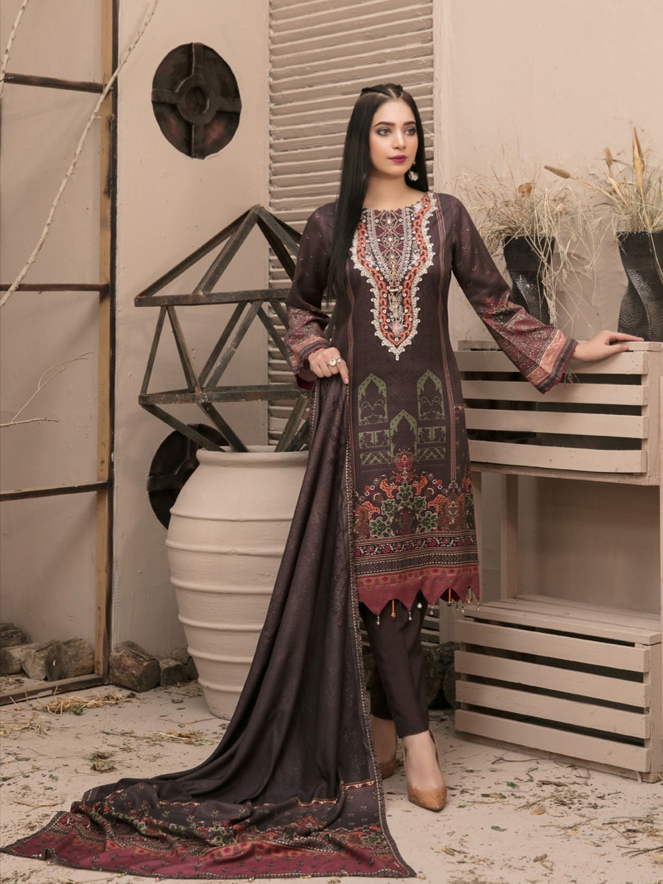 KASHISH 3pc Unstitched Embroidered Printed Twill Linen Suiting D-6079
