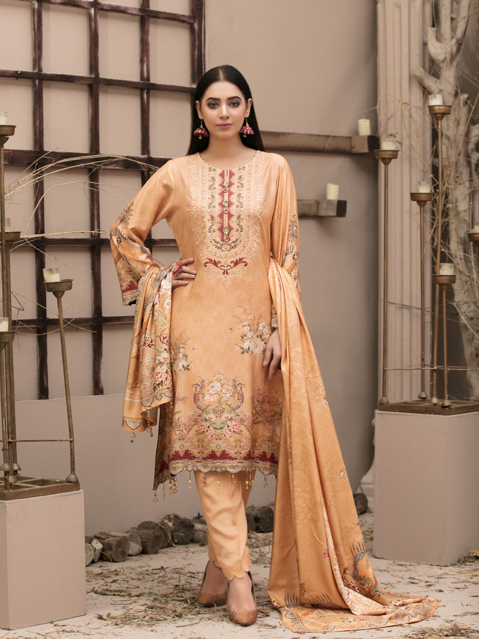 KASHISH 3pc Unstitched Embroidered Printed Twill Linen Suiting D-6082