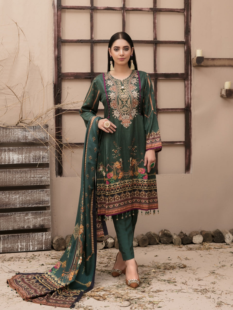 KASHISH 3pc Unstitched Embroidered Printed Twill Linen Suiting D-6080