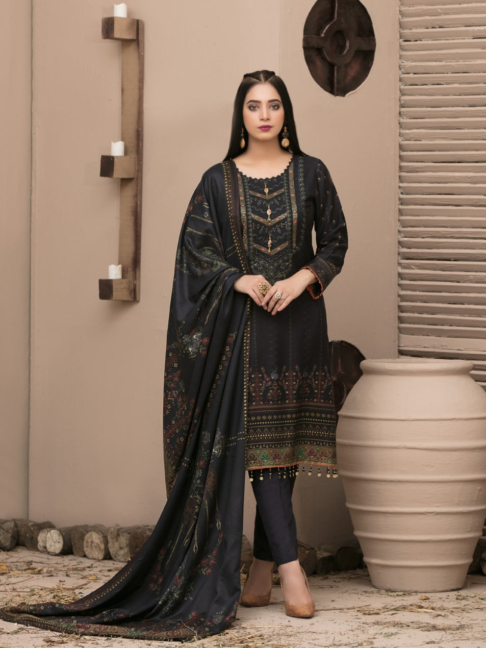 KASHISH 3pc Unstitched Embroidered Printed Twill Linen Suiting D-6081