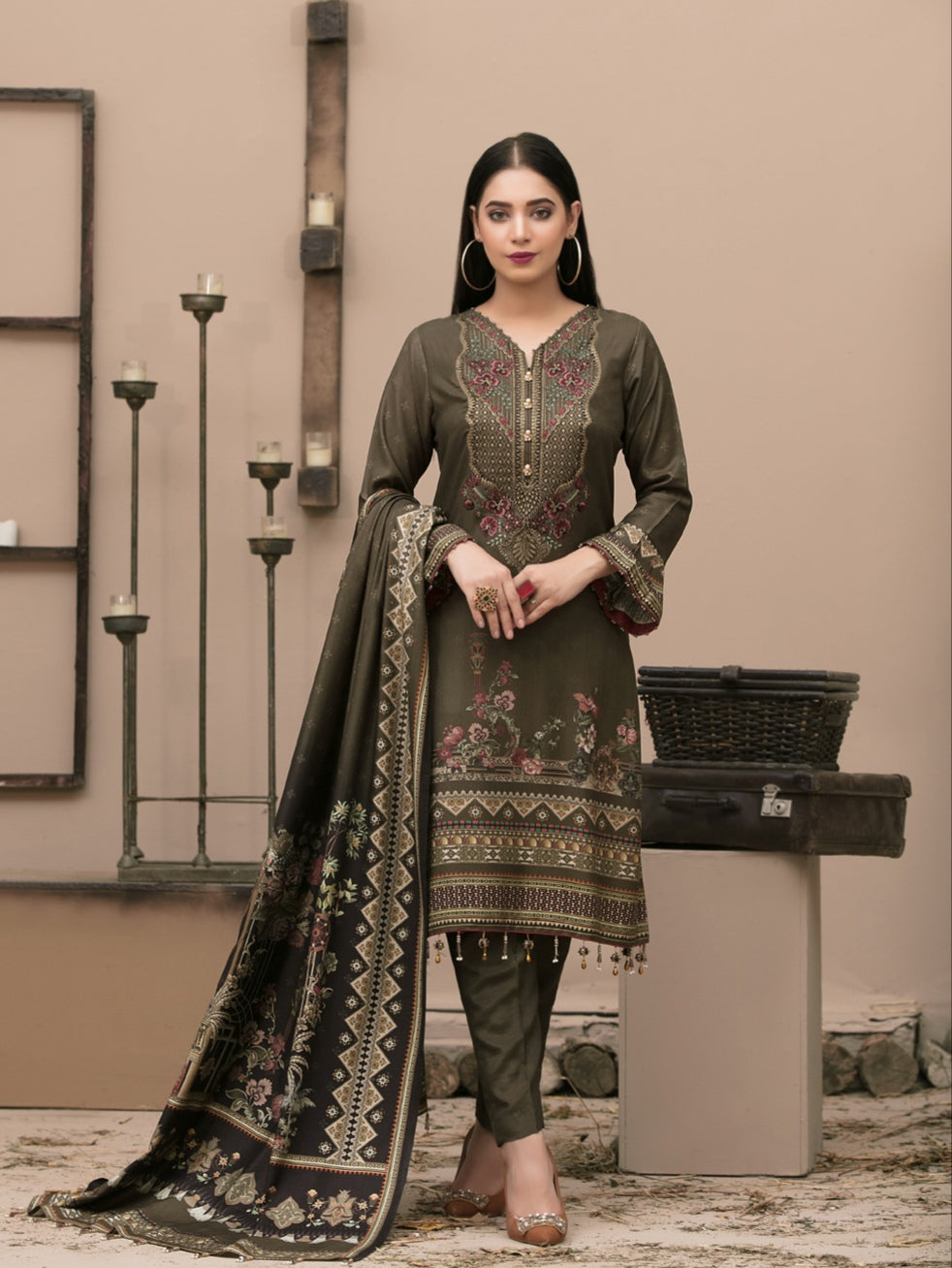 KASHISH 3pc Unstitched Embroidered Printed Twill Linen Suiting D-6085