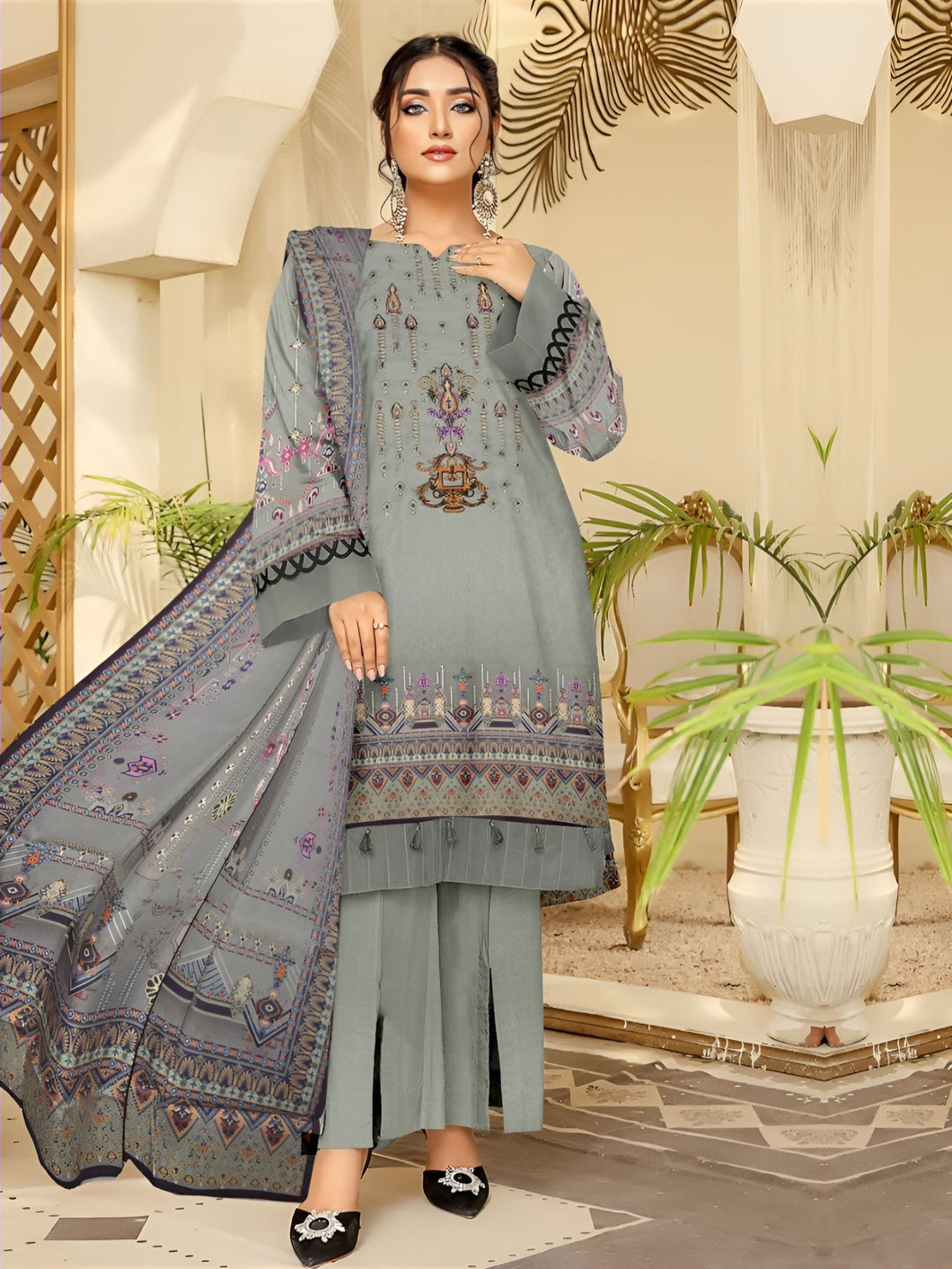 Embroidered Printed Linen Winter Collection Suit D1004