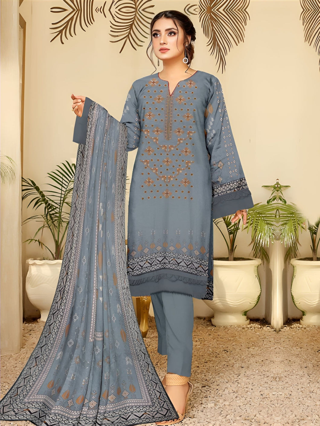 Embroidered Printed Linen Winter Collection Suit D1008