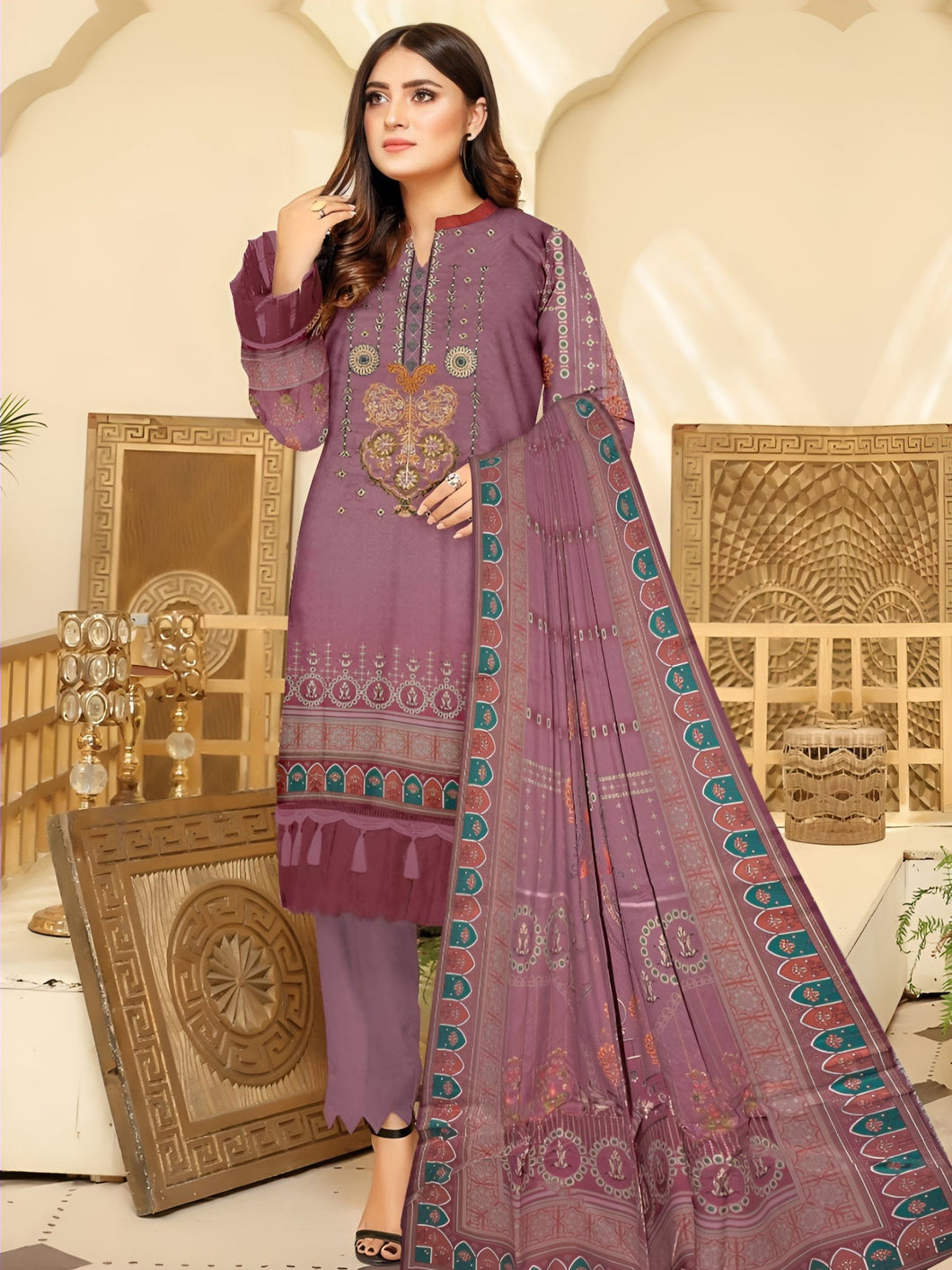 Embroidered Printed Linen Winter Collection Suit D1009