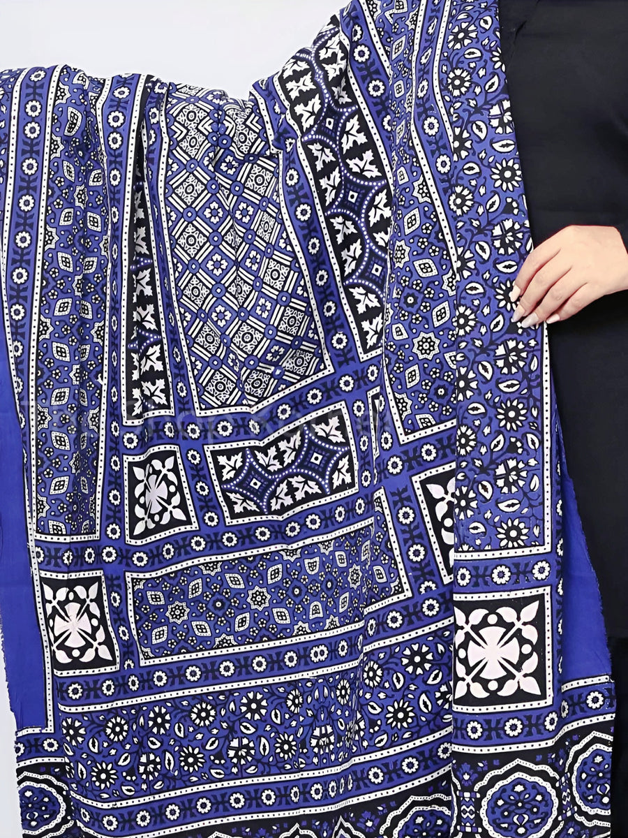 Half white printed jute flex unstitched salwar material, ajrak block printed yoke with thread& real mirror work(lining optional)maroon cotton bottom, dual shaded premium block printed mul cotton dupatta. CODE NV242113
