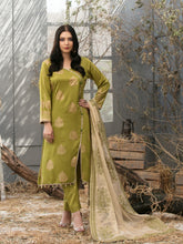 Load image into Gallery viewer, Pearla 3pc Unstitched Viscose Pearl Gold Table Printed Winter Suiting D6180
