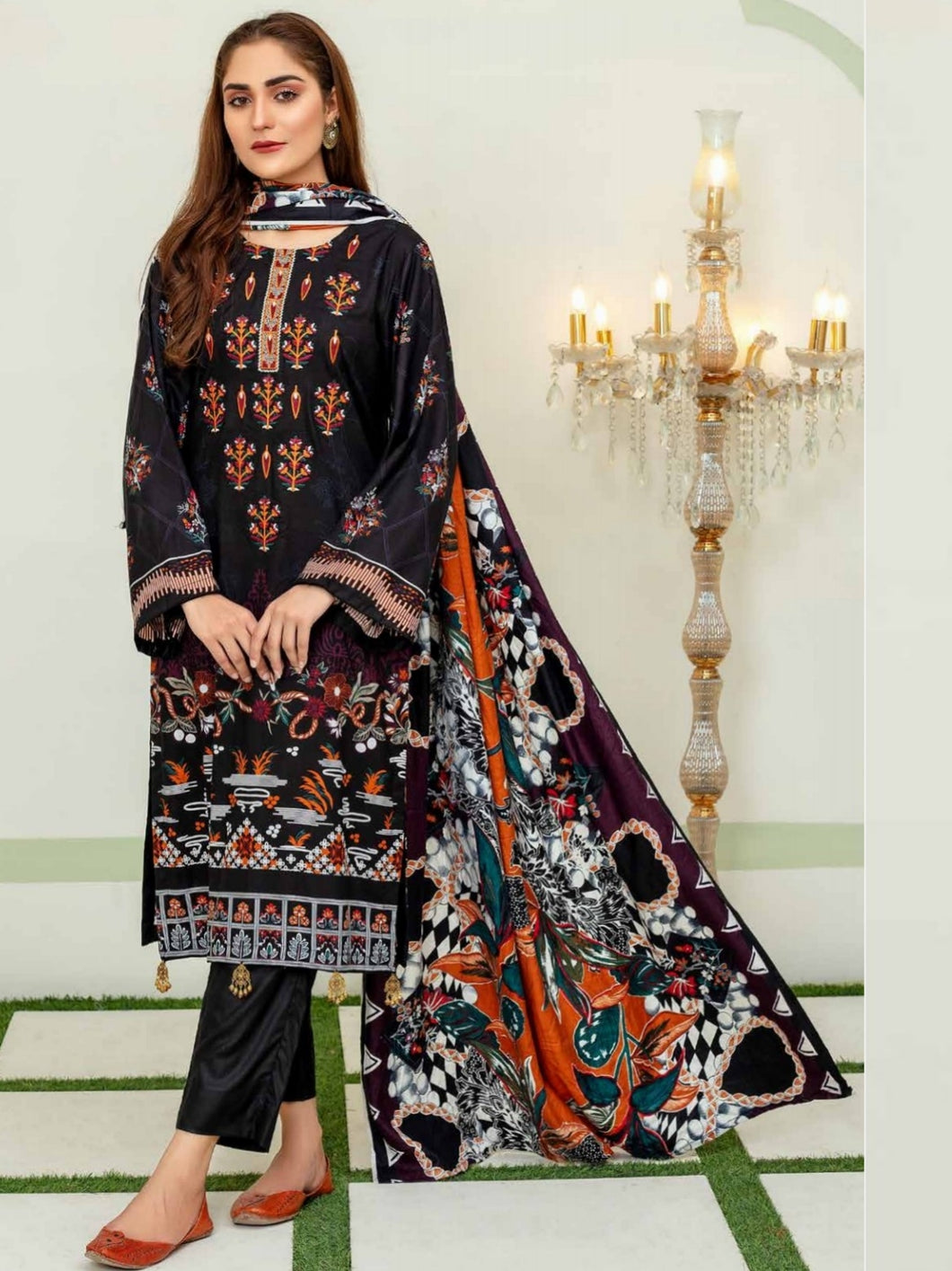 TANIA 3pc Unstitched Embroidered Printed Linen Suiting D-01