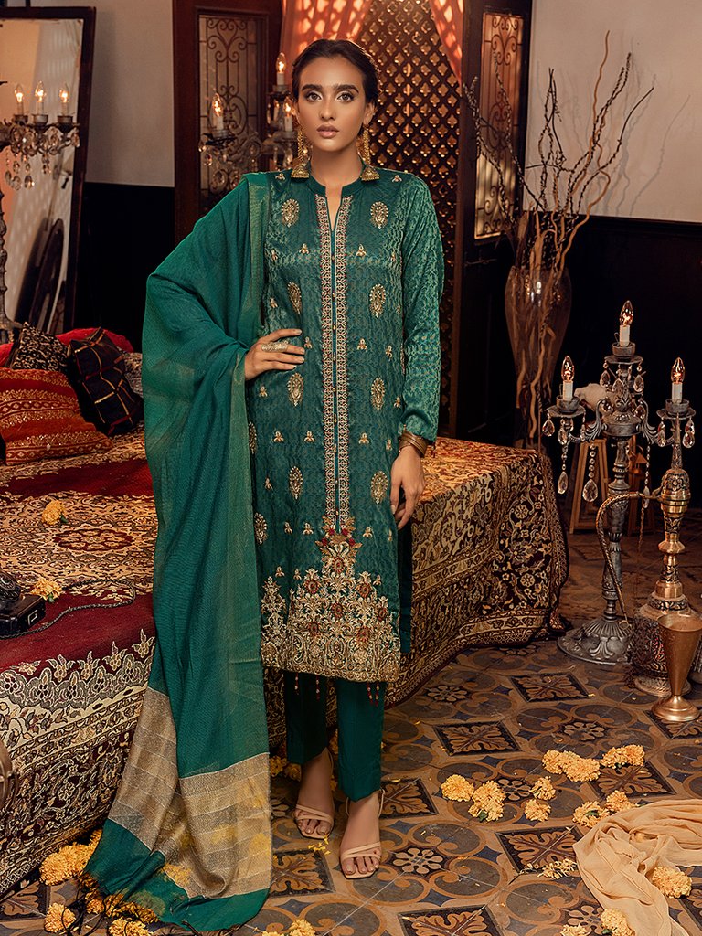 Husn-e-Gul - 3pc Unstitched - Embroidered Jacquard Luxury Banarsi Viscose Suit (WK-00876)