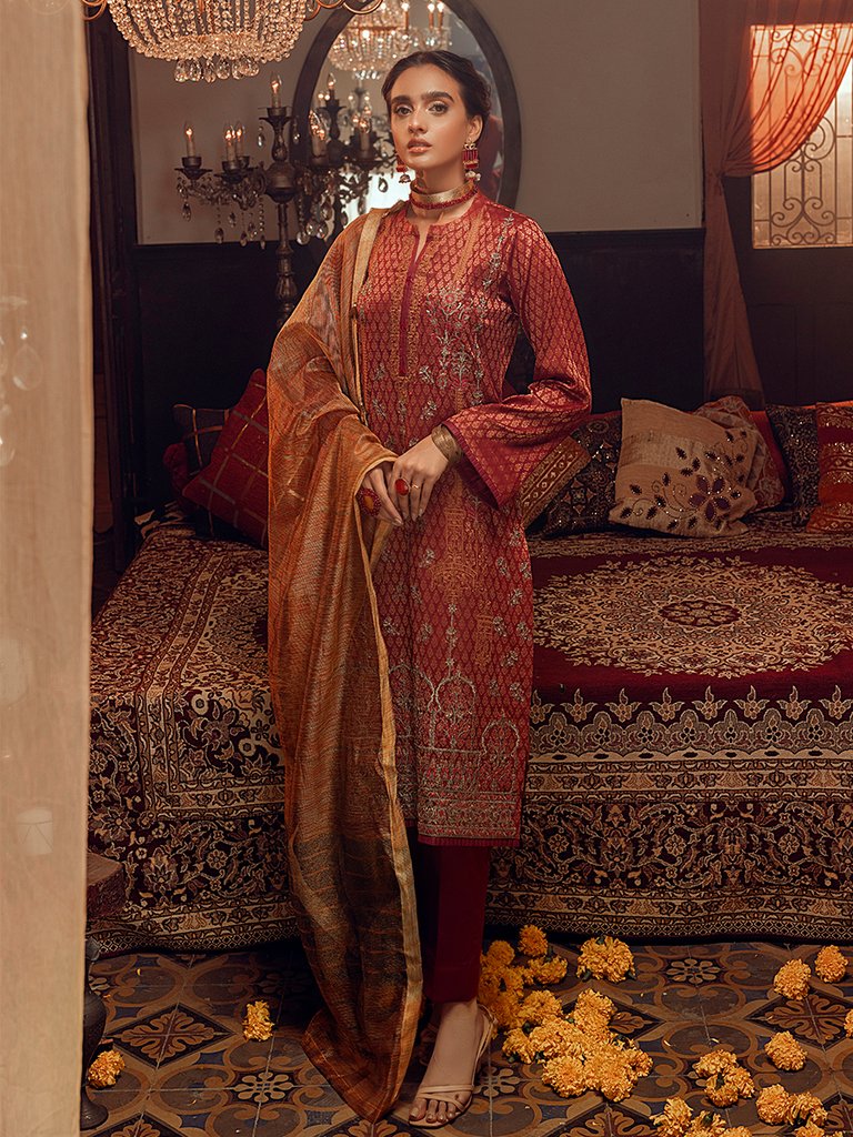Rang-e-Gul - 3pc Unstitched - Embroidered Jacquard Luxury Banarsi Viscose Suit (WK-00868)