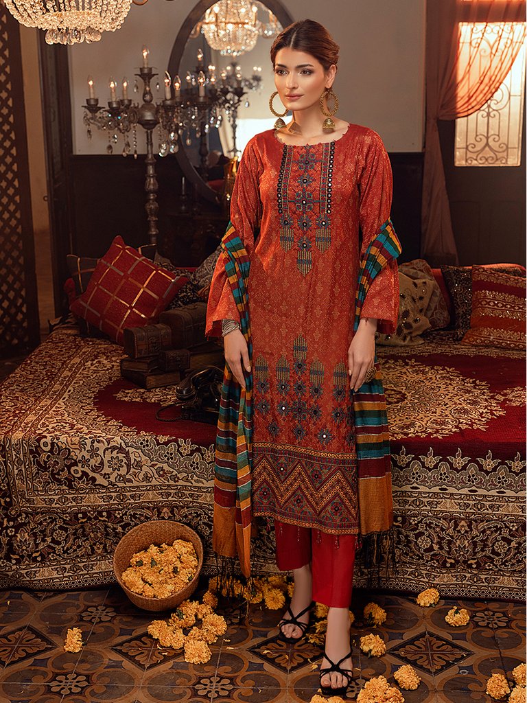 Sehr-e-Gul - 3pc Unstitched - Embroidered Jacquard Luxury Banarsi Viscose Suit (WK-00869)