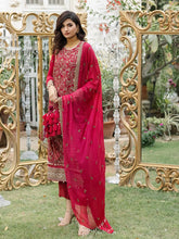 Load image into Gallery viewer, Salitex - Fuschia - Unstitched 3pc - Full Embroidered Chiffon Shirt &amp; Embroidered Chiffon Dupatta with Dyed Raw Silk Trouser - (HC-00009UT)

