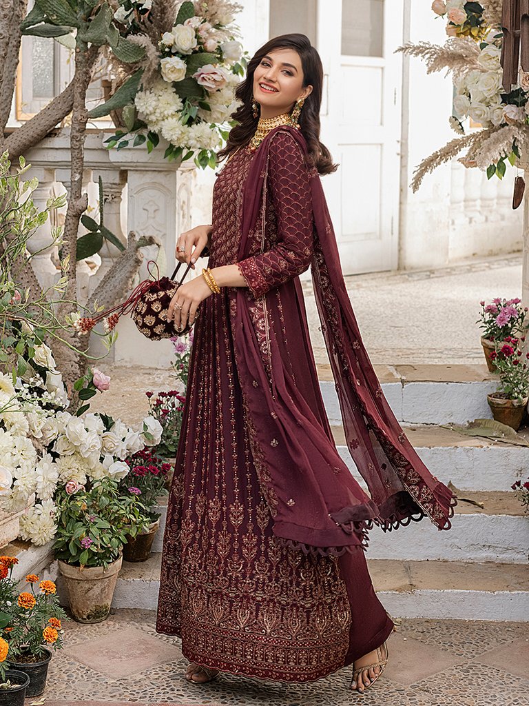 Golden Garnet Unstitched 3pc Full Embroidered Chiffon Shirt