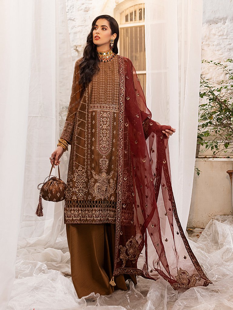 Royal Bronze - Unstitched 3pc - Full Embroidered Khaadi Net Shirt & Organza Dupatta with Dyed Raw Silk Trouser - (HC-00013UT)