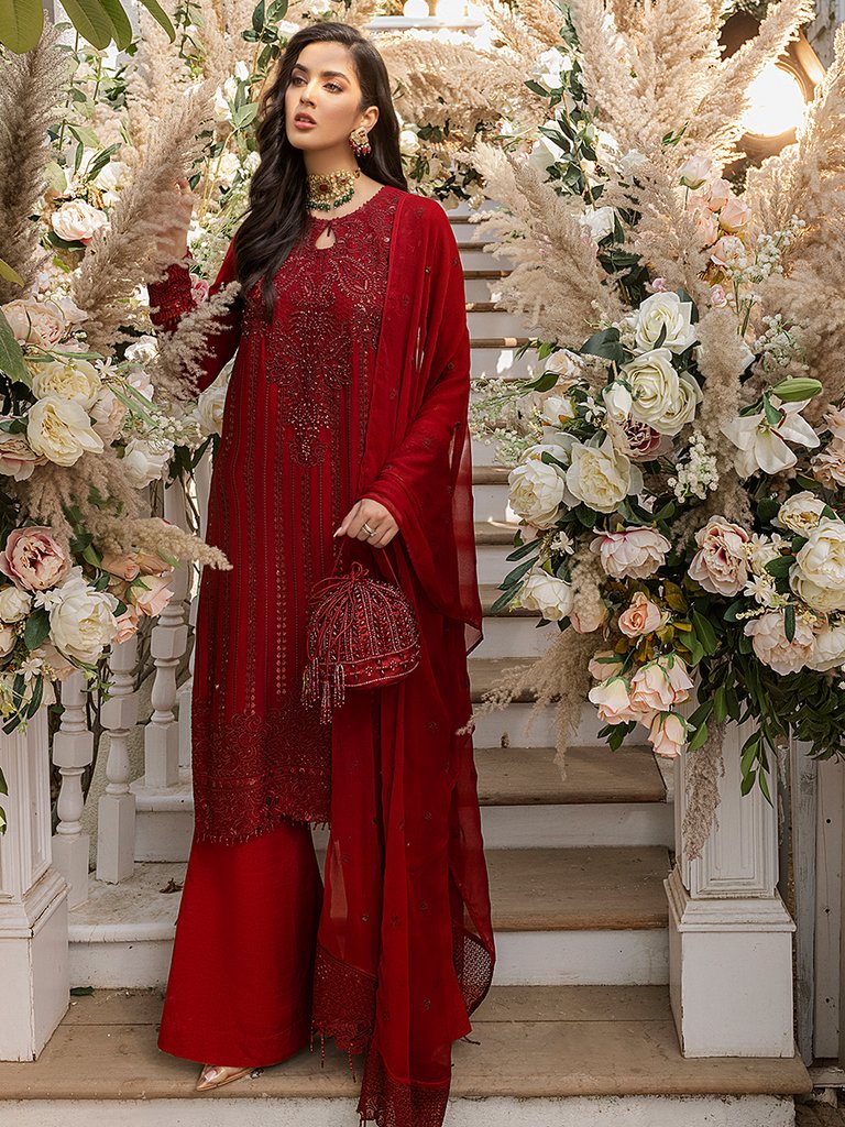 Scarlet - Unstitched 3pc - Full Embroidered Chiffon Shirt & Embroidered Chiffon Dupatta with Dyed Raw Silk Trouser - (HC-00015UT)