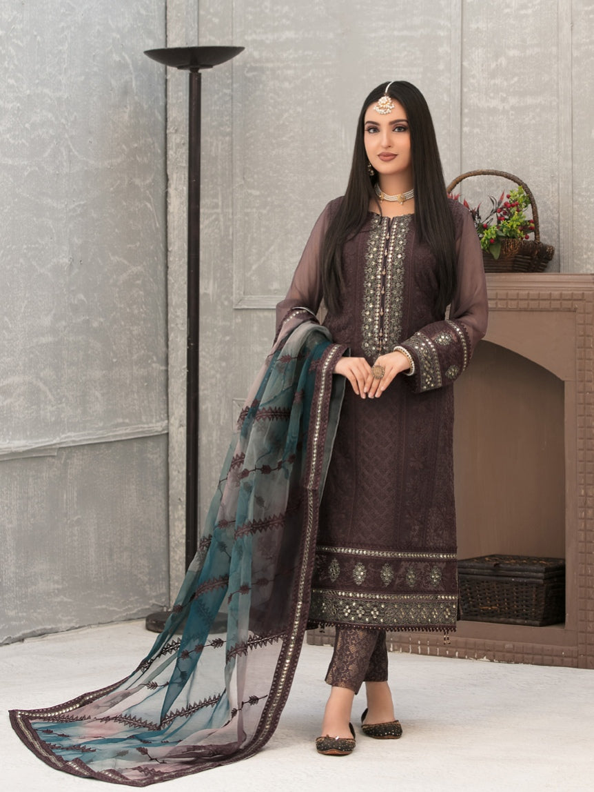 SARAAB 3pc Unstitched Aari Embroidered Fancy Chiffon Suiting D2003