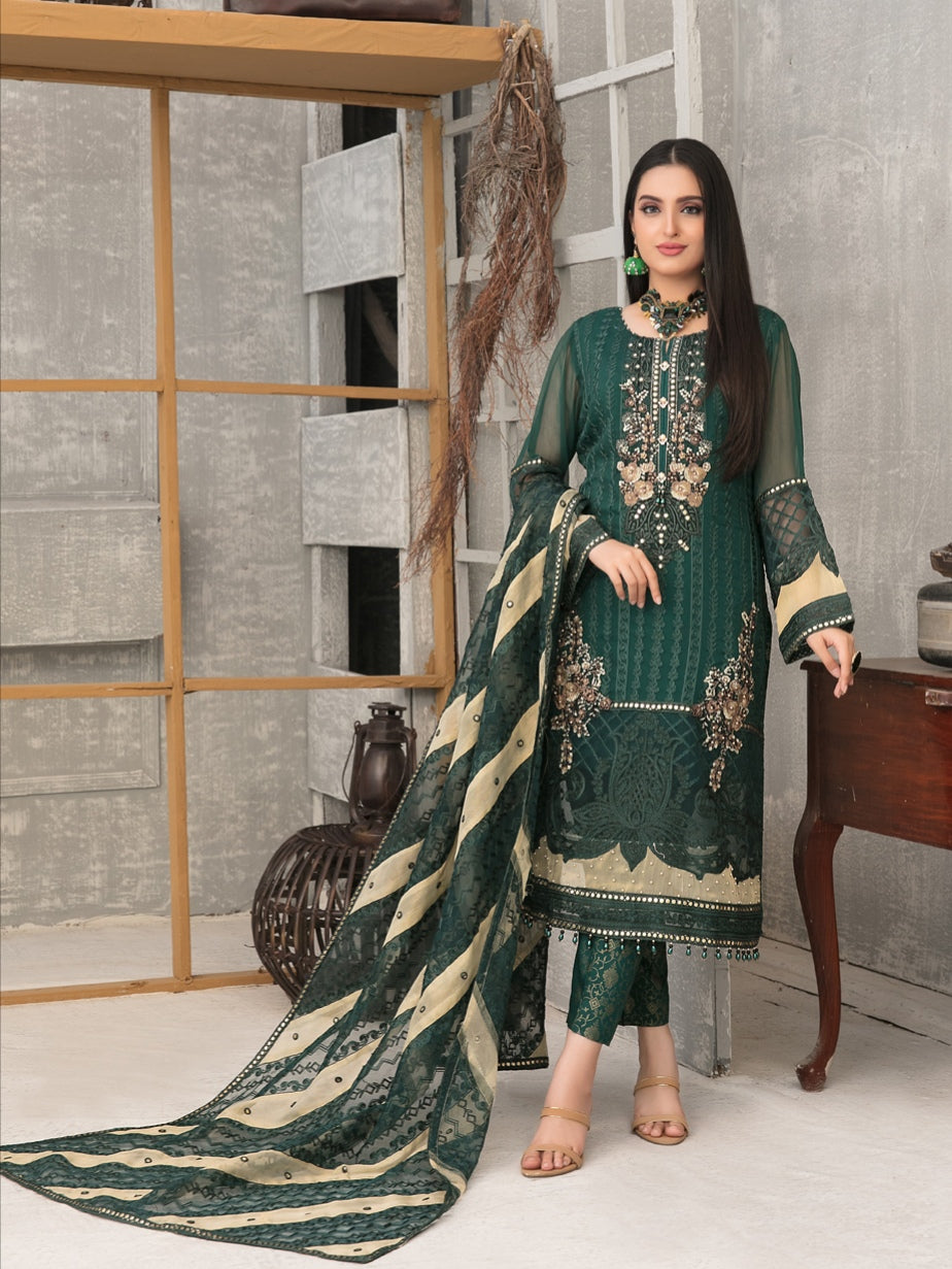 SARAAB 3pc Unstitched Aari Embroidered Fancy Chiffon Suiting D2006