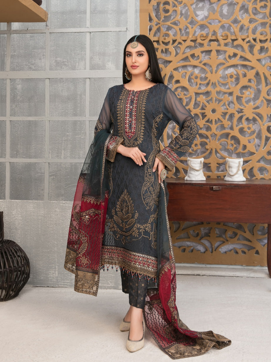 SARAAB 3pc Unstitched Aari Embroidered Fancy Chiffon Suiting D2009