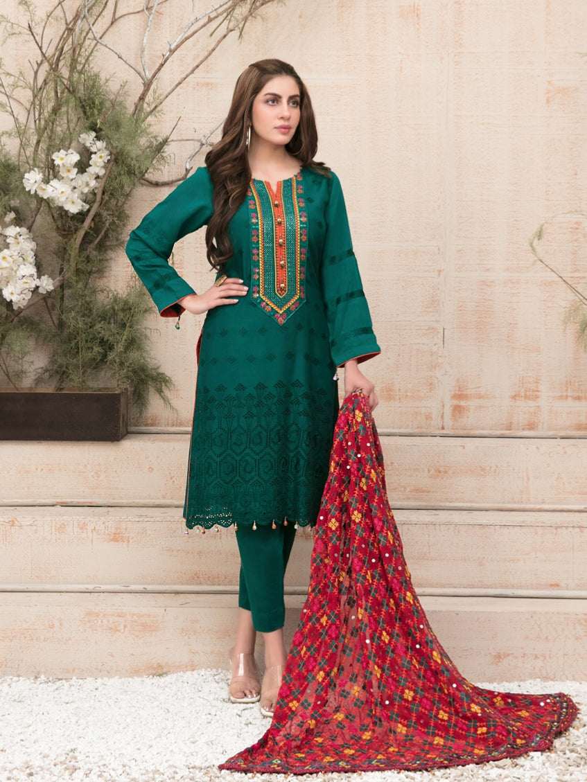 FARA BY TAWAKKAL 3pc Unstitched Viscose Schiffli Embroidered Suit D6356