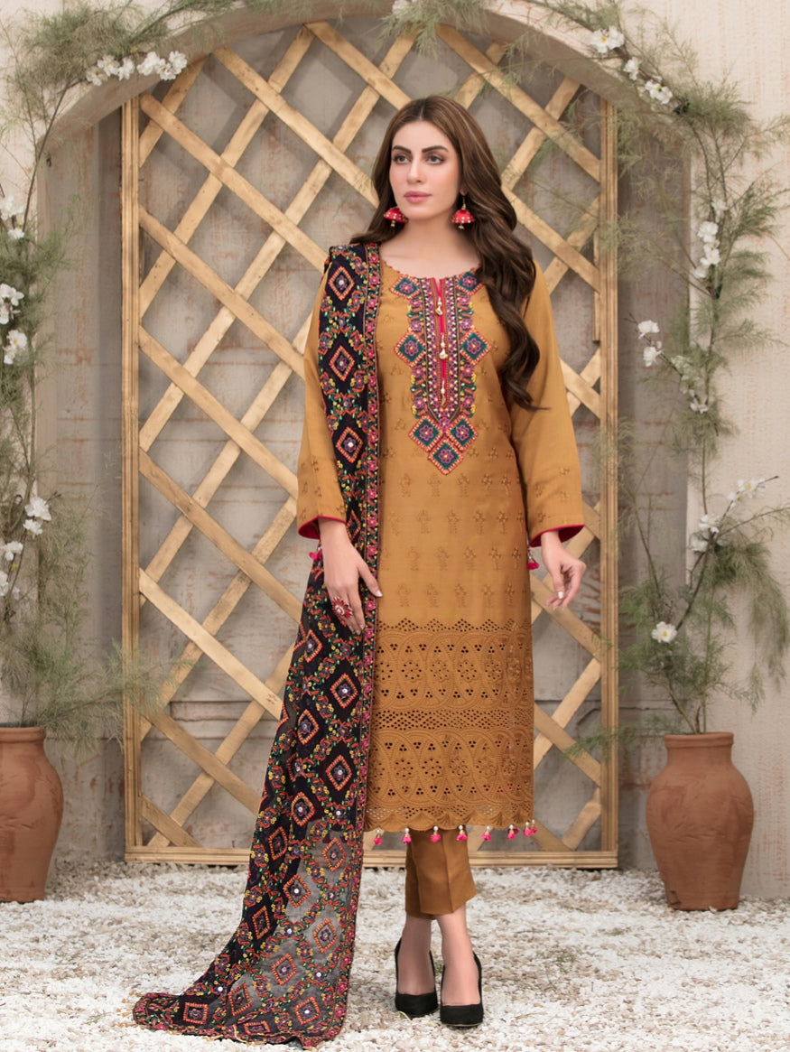 FARA BY TAWAKKAL 3pc Unstitched Viscose Schiffli Embroidered Suit D6357