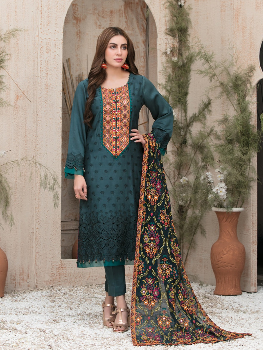 FARA BY TAWAKKAL 3pc Unstitched Viscose Schiffli Embroidered Suit D6361