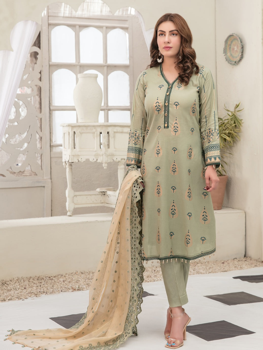 Tawakkal Pearla 3pc Unstitched Pearl Gold Table Printed Lawn Suit D6793