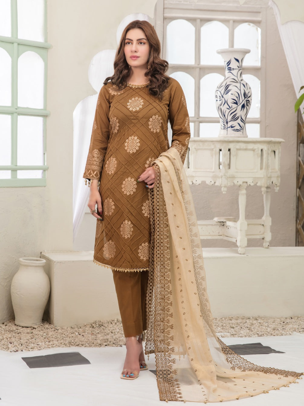 Tawakkal Pearla 3pc Unstitched Pearl Gold Table Printed Lawn Suit D6794